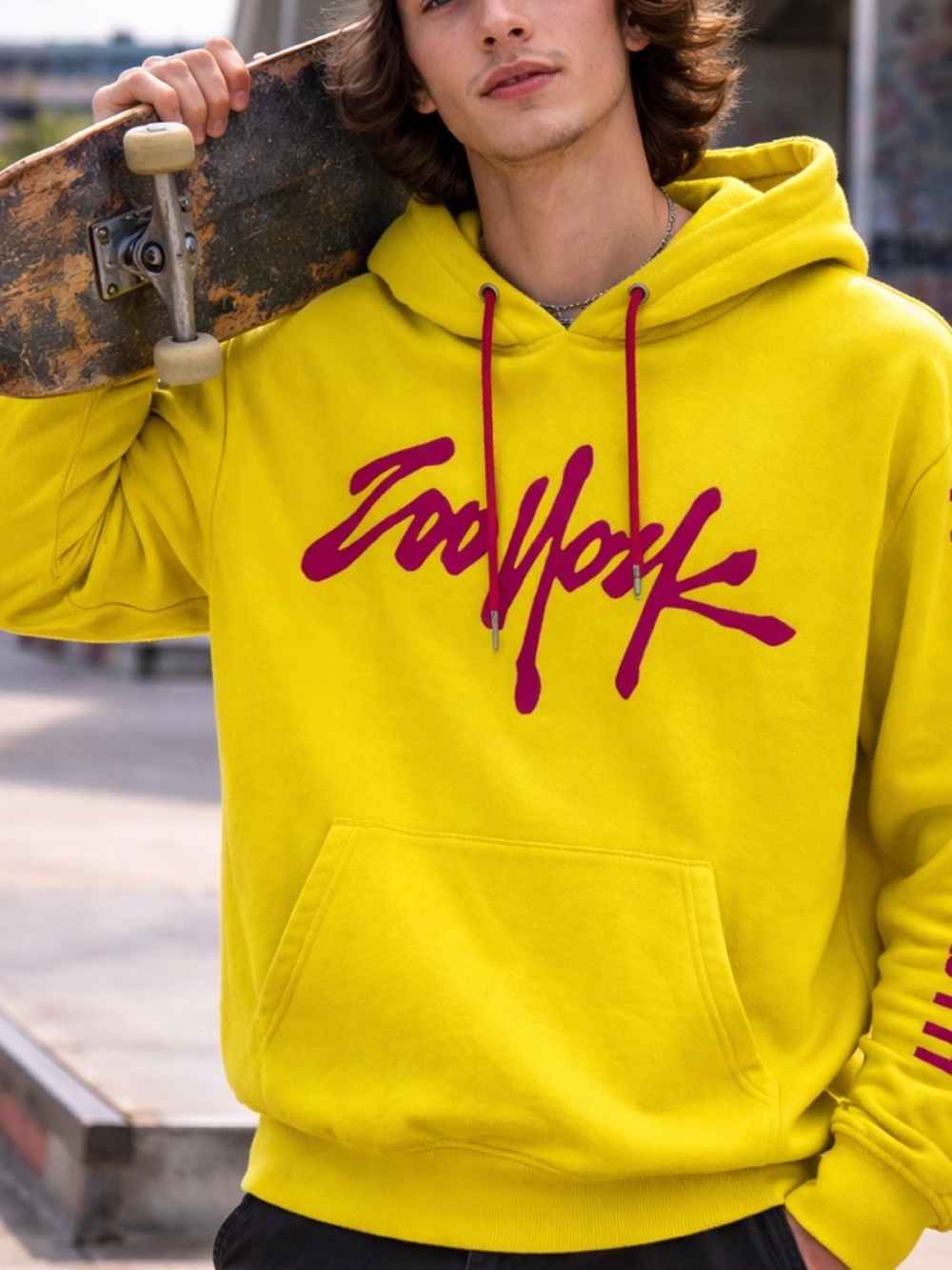 Zoo York Yellow Hoodie with Purple Graphic Skate Streetwear Women Small